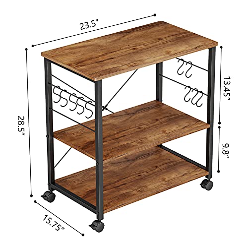 Cubicubi Baker's Rack Kitchen Cart, 3-Tier Utility Microwave Oven Rack On Wheels, Coffee Cart With Storage And 10 Hooks, Fir Brown #TOP3