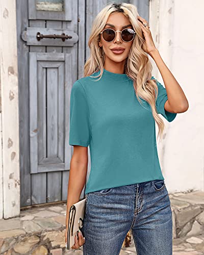 Ficerd 2 Pack Women's Tops Dressy Casual, Mock Neck Tops Half Short Sleeve Turtleneck Stretch Fitting Blouse For Women (White/Turquoise, X-Large) #TOP7