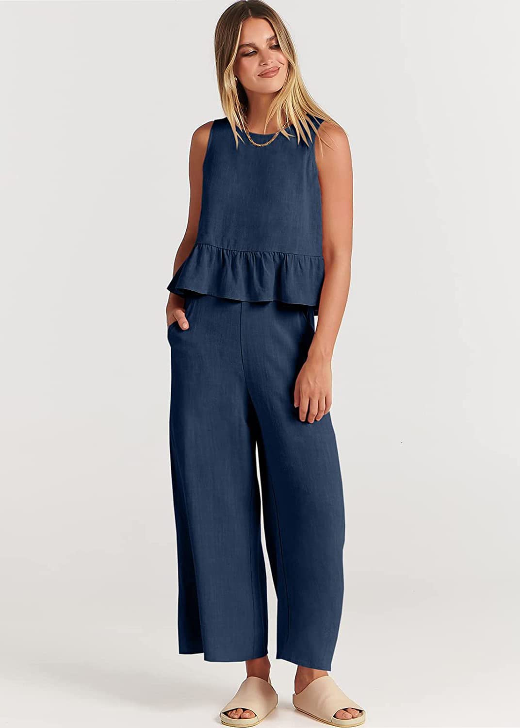 shownicer Ensemble en Lin Femme Chic et Elegant Costume 2 Piece Lâche Couleur Unie sans Manches Camisole Vintage et Pantalon Été Décontracté Ensemble Vetement Casual Outfit
