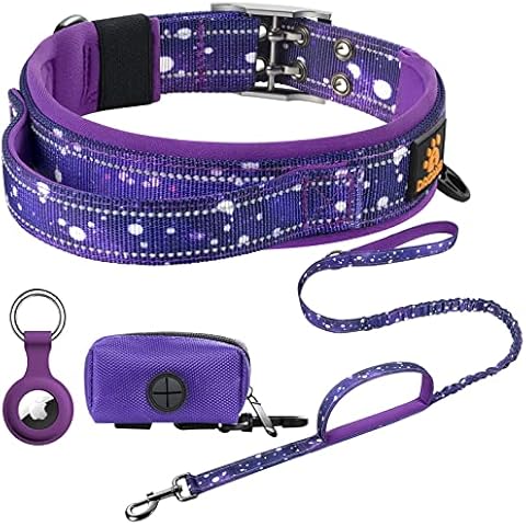 DAGANXI Dog Collar Adjustable Soft Neoprene Padded Breathable Reflective Strip Nylon Collar for Small Medium Large Dogs, with Airtags Case and Dog Poop Bags Dispenser (X-Large, Sky/Purple-Set) Cover