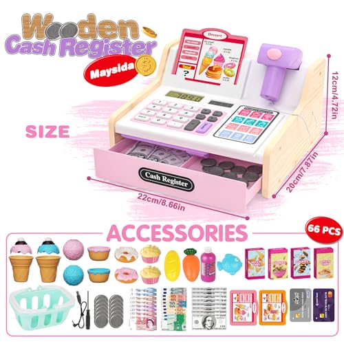 Image of 2027 Wooden Cash Register for Kids, Cash Register with Scanner | Rechargeable Pretend Play Kids Cash Register Toy with Fake Money, Food, Credit Card, Kid Boys Girls Age 3-6 4-8, Pink