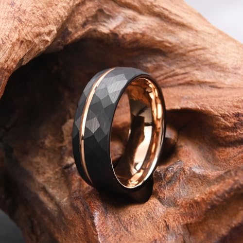 Tungsten Carbide Rings for Men Women 8mm Black Hammered Men's Engagement Wedding Bands Rose Gold Groove Matte Brushed Comfort Fit4
