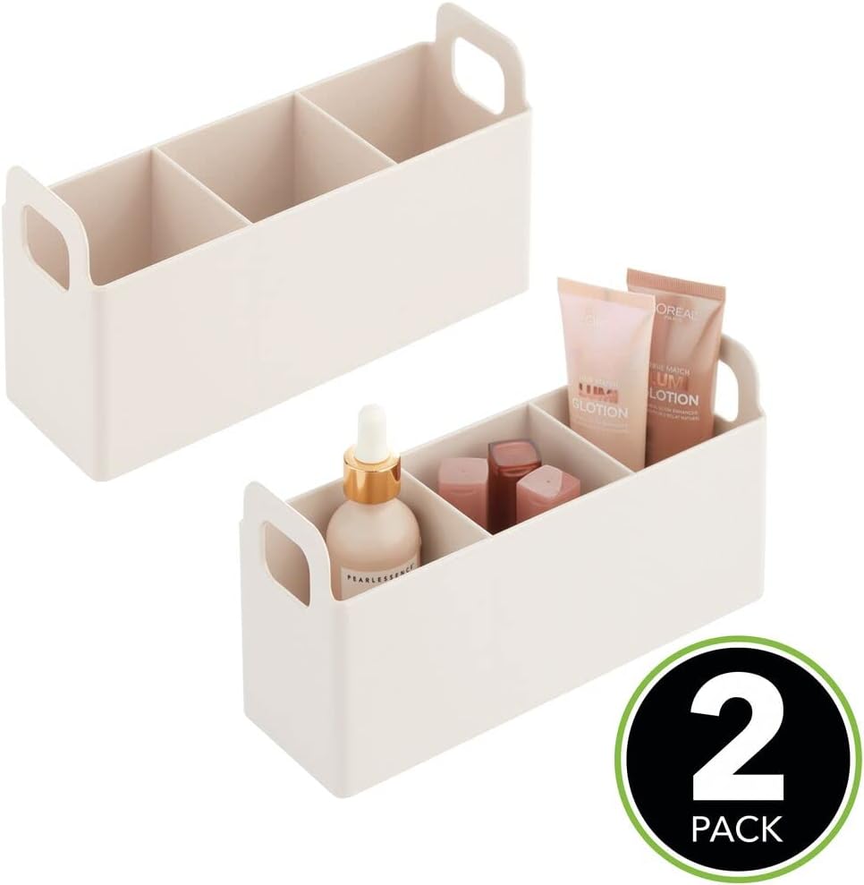 mDesign Divided Plastic Beauty Organizer Bin w/Handles for Bathroom Drawers, Vanity, or Countertops, Storage for Makeup Brushes, Palettes, Blush, Concealers - Lumiere Collection - 2 Pack, Cream/Beige