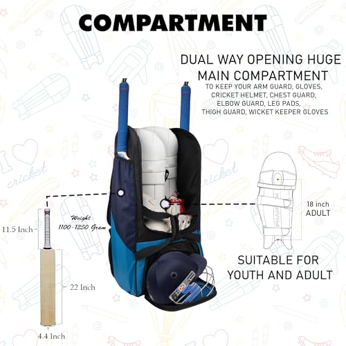 Image of WHACKK Gayle Backpack Duffle Trolley Wheelie Cricket Kit Bag Adult Size 2 Bat Pocket Shoe /Helmet Pkt Main Compartment 18 inch Leg Pad 2 Bottle Holder Player Edition (Aqua Blue)