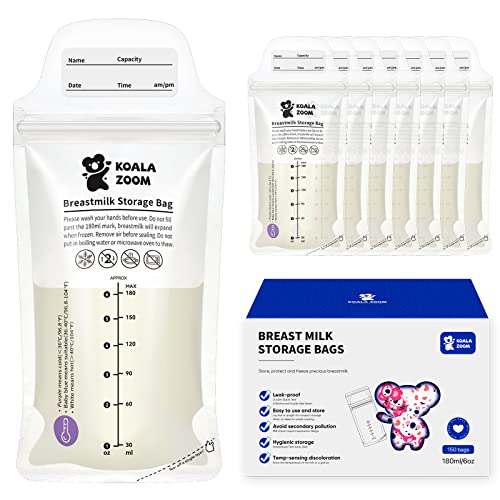 Image of KoalaZoom Breast Milk Storage Bags, 150 Count Milk Storage Bags for Breastmilk, Breast Milk Storage Bags Freezer Safe, Temp-Sensing Discoloration, Self Standing Bag, Hygienically Doubled-Sealed, 6 OZ