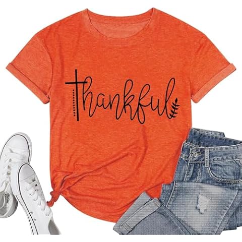 Grateful Thankful Blessed Thanksgiving Gobble Turkey Tee Tshirts for Women Short Sleeve Tops Thanksgiving Tees Blessed Thankful Gifts-M (T-Orange) Cover