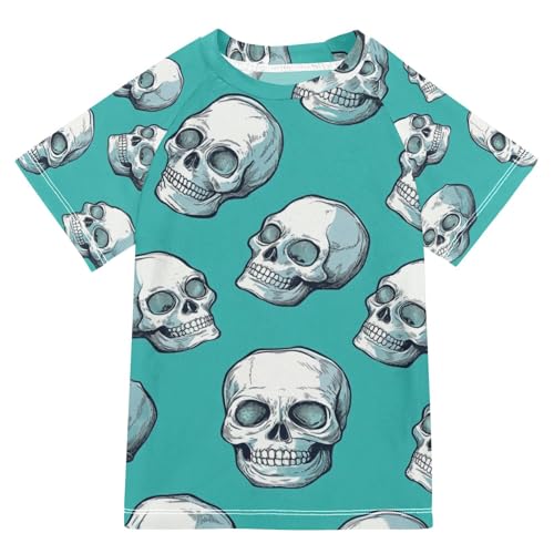 Boys Short Sleeve T-Shirts Skull Skeleton Green Rashguard Kids Swim Shirts Sun UPF 50+