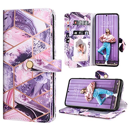 Dracool Funda para Samsung Galaxy S20 FE 4G&5G 6.5 Pulgadas de Cartera Carcasa con 10 Tarjetero Fundas Wallet Case para Mujeres con Libro Tapa con Flor de Cuero Premium Magnético - Mármol Morado Cover