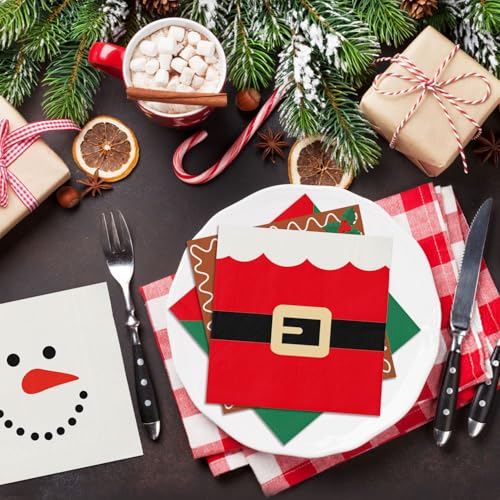 100 Christmas Napkins, Christmas Cocktail Napkins, Xmas Snowman Gingerbread Man Elf & Santa Party Napkins for Holiday Decorations Table Décor Party Supplies – Image 6