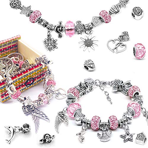 Amokee Charm Armband Kit DIY, Geschenk für Mädchen, Schmuck Bastelset Handwerk überzogen mit Silber Kette, Schmuck Bastelset Mädchen, Armband Mädchen Geschenk 8-12 Jahre (3 Silber Kette, Rosa Perlen)