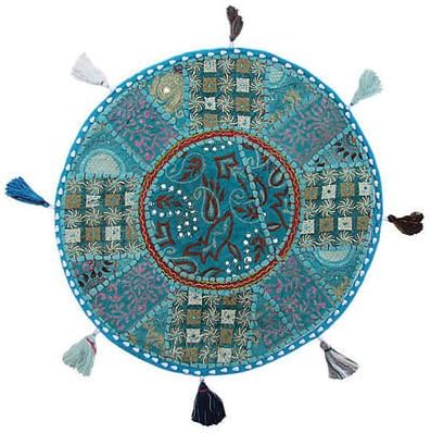 Sophia Art Round Floor Pillow Cushion Patchwork Pouf Ottoman Vintage Indian Foot Stool Bean Bag Floor Pillow Cover Home Decor Living Room Ottoman Bohemain Pillows (Turquoise, 16 Inch)