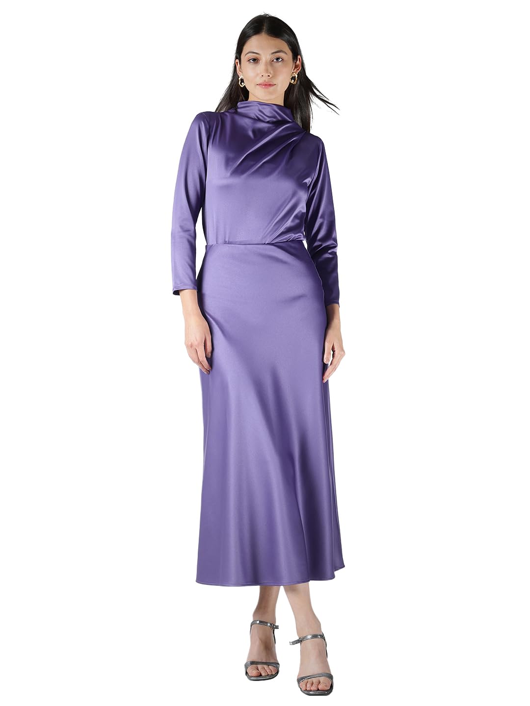 Women Co-Ord Set | Elegant Cowl Neck Top with 3/4 Sleeves & High Rise Midi Skirt | Smooth Satin Fabric | Evening & Formal Wear