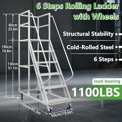 Image of 6 Steps Rolling Ladder, Mobile Platform Ladders with Handrails, Industrial & Warehouse Non-Slip Stair Ladder, Heavy Duty Step Ladders for Home Library Outdoor, 1100lbs Capacity
