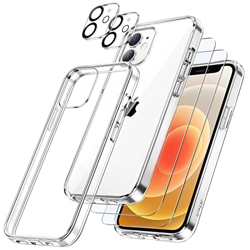 JETech 5 en 1 Funda para iPhone 12 6,1 Pulgadas con 2 Protector Pantalla y 2 Protector Lente Cámara, Antiamarillo, Cristal Vidrio Templado Cobertura Completa, Carcasa Antigolpes (Transparente)