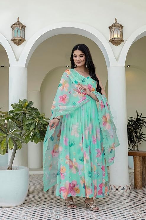Image of KD Women's Floral Print Anarkali Kurta Set with Pant and Dupatta, Georgette, Full Sleeves, Asymmetric Hemline