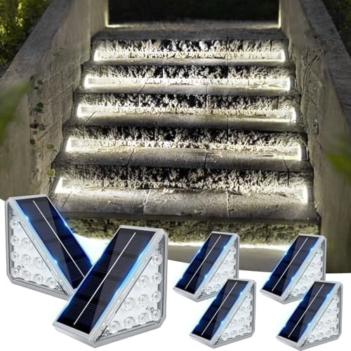 Solar Stair Lights Outdoor Waterproof Auto On Off, 6 Pack Solar Step Lights for Outside IP67, LED Outdoor Stair Lights for Deck Step, Patio, Pathway, Front Step, Deck Decor, Cool Lights