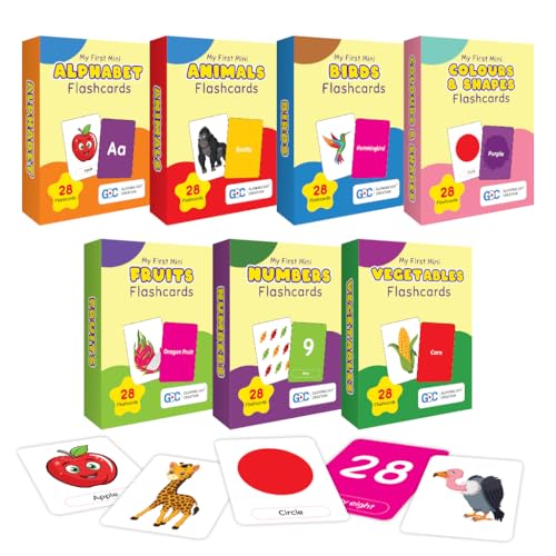 GDC Flashcards 7-in-1 Educational Flashcards for Kids | 196 Cards Total | Alphabet, Animals, Birds, Colours & Shapes, Fruits, Numbers, Vegetables | Early Learning & Preschool Activity Cards