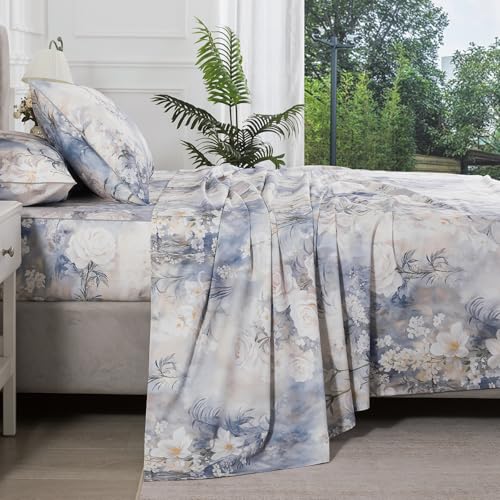 Image of Vintage Floral Percale Sheets Queen Size Deep Pocket, White & Blue | 100% Cotton Soft Crisp Farmhouse Sheet Set, Shabby Chic Flower Pattern Bed Sheets, Neutral Toile Bedding, Rose & Daisy, 4Pcs