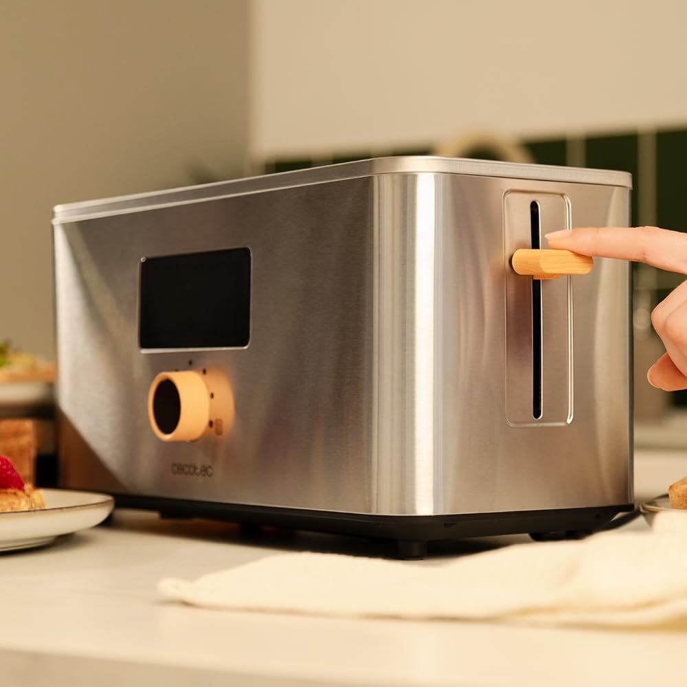 Cecotec Tostadora Vertical 2 Ranuras Largas Touch&Toast Extra Double. 1500 W, 4 Rebanas de Pan, Ranuras Extra Anchas 3,5 cm, Pantalla Táctil y Perilla Digital, Acabados en Acero Inoxidable