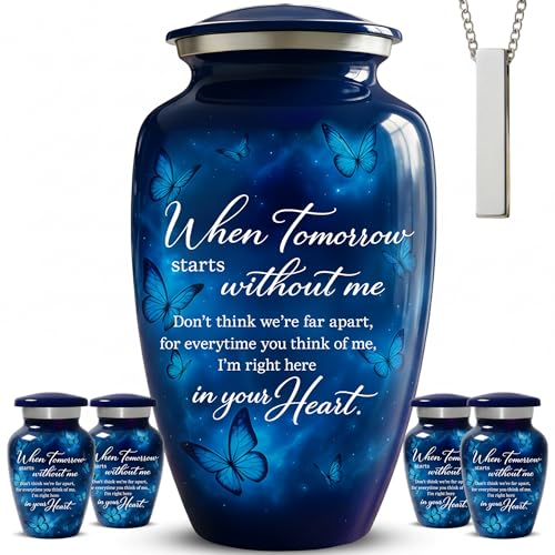 Family Tribute Blue Butterfly Cremation Urn for Human Ashes Set Beautiful Large Funeral Urn for Adult (220lbs) with 4 Small Keepsake Urn & 1 Memorial Ash Necklaces to Honor Your Loved Ones