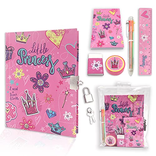 Set de Diario Secreto Niña con Candado, Kit Papelería de Princesa incluye Diario con Candado Bolígrafo de 6 Colore Mini Bloc de Notas Regla Borrador y Sacapuntas Cuaderno Niño Regalo Niña 6-10 Años