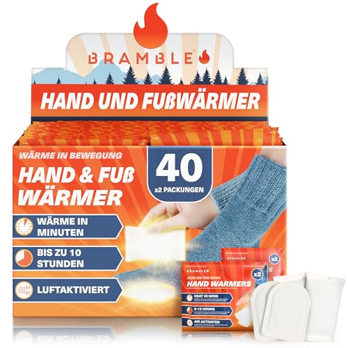 Bramble - Hand und Zehenwärmer Vielfaltspackung (40 Paar, insgesamt 80) – Einweg-Taschenhand- und Selbstklebende Fußwärmer – luftaktiviert und geruchsfrei – bis zu 10 Stunden Wärme