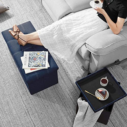 Image of Folding Storage Ottoman Long Shoes Sofa Bench Fabric Linen Footrest Stool for Laundry Storage Space End of Bed Seat Toys Storage Organizer Bin Box with Lidded Cover (76X38X38 CM, Blue)