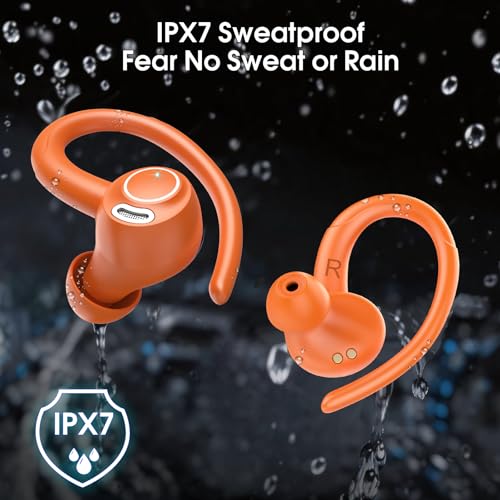 Image of Wireless Earbuds Bluetooth 5.3 Headphones Sports, 48H Earphone with ENC Mic, Stereo Deep Bass Bluetooth Earbud with Secure Earhooks, LED Display, IP7 Waterproof Over Ear Bud for Running Pumpkin Orange