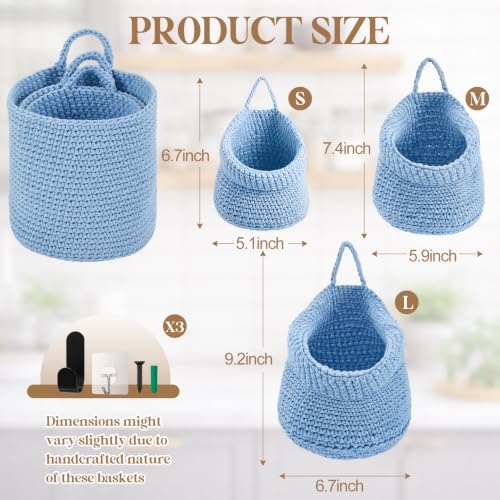 Image of Honeydak 3 Hanging Baskets, Light Blue, Barrel, Cotton Rope