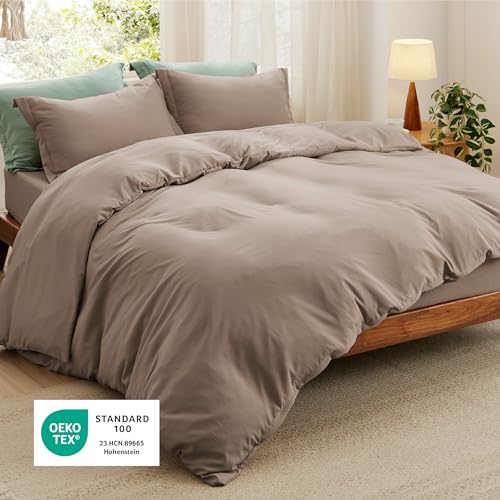 Image of Bedsure Duvet Cover Full Size with Fitted Sheet - 4 Pieces Prewashed Polyester Extra Soft Bedding Set, Includes 1 Duvet Cover 80''x90'' with Zipper Closure, 2 Pillow Shams, 1 Fitted Sheet, Khaki