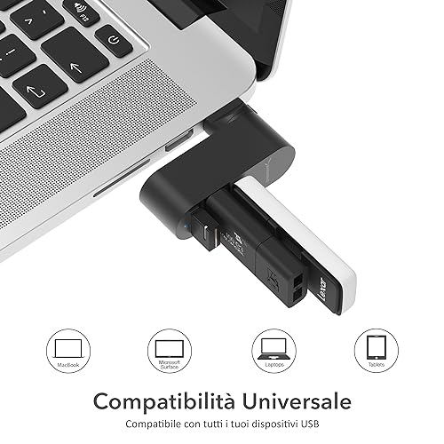 Hub USB, Multipresa USB 3.2 Gen 1, Sdoppiatore USB girevole, 3 Porte USB 3.2 Gen1, per PS4/PS5, laptop, PC, stampante, chiavetta USB, MacBook, rotazione di 90/180°, alluminio, NERO, (HB-R3MB) - Hub USB - Immagine 4