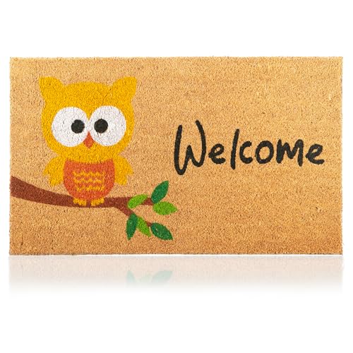 Paillasson Hibou en Fibre de Coco - 70x40cm - Tapis de Porte de Bienvenue, Surface Antidérapante PVC & Fibre de Coco - Entrée Maison, Couloirs, Portes -...
