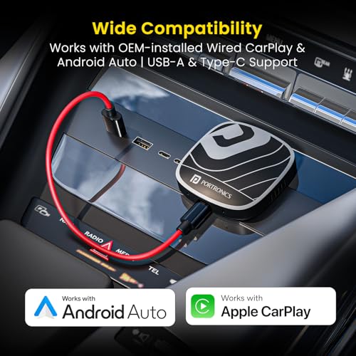 Image of Portronics Tune Plus, 2-in-1 CarPlay & Android Auto Adapter with Inbuilt YouTube, Netflix, Converts Wired to Wireless, 3GB RAM + 32GB ROM, Plug &Play, USB-A & Type-C Compatible, TF Card Slot for Media