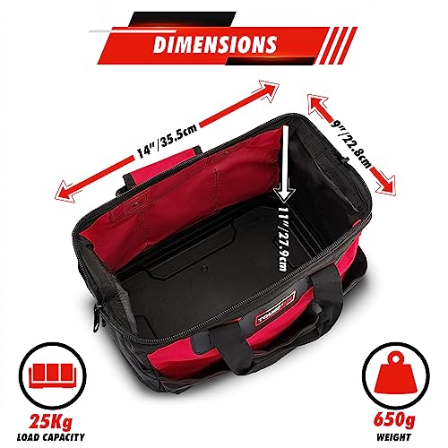 ToughHub 14 Inch Tool Bag, Heavy Duty Tool Bag, 1680 Denier Water Resistant, Hard Base, Wide Mouth, Multiple Pockets - Image 4