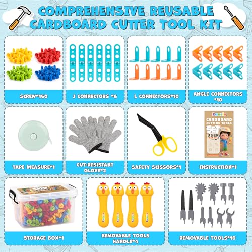 Image of 196 PCS Cardboard Cutter for Kids, Reusable Safe Cardboard Tools for Kids with Box, Gloves, Screws, Connectors, Screwdrivers, Saws, Educational Toys for 5 6 7 8 Year Old, Birthday Gift for Boys Girls