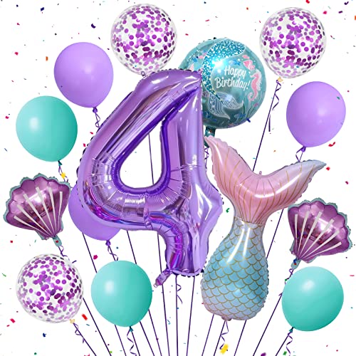 Mermaid Balloons Mermaid Party Decorations, Mermaid Tail Balloon 40 Inch Number 4 Foil Balloon purple 18" Mermaid Foil Balloons Set, for Girls 4th Birthday Decorations Mermaid Party Supplies