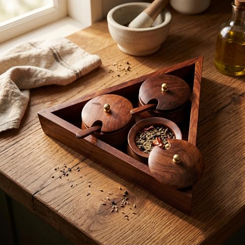 Image of HOKIPO Salt Sugar Spice Container Jar Canister Set with Tray & Spoon - 10 x 10 Inch - Sheesham Wood Storage Box Jar (IN-1169)