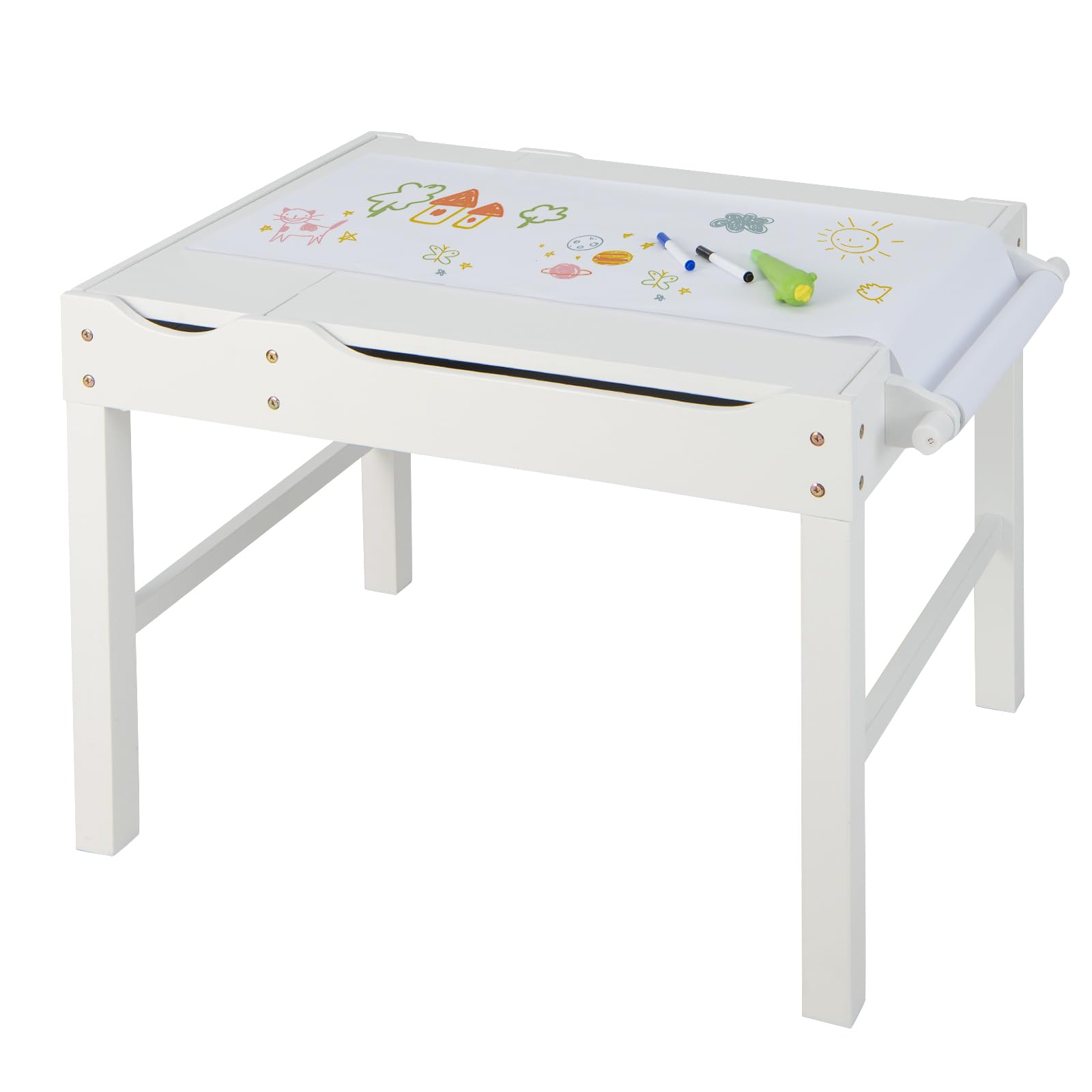 COSTWAY Tavolo da Gioco per Bambini in Legno con Piano Reversibile, Tavolo Multiattività Bambini 2 in 1, Porta Rotolo di Carta da Disegno, per Camera da Letto, Soggiorno (Bianco)