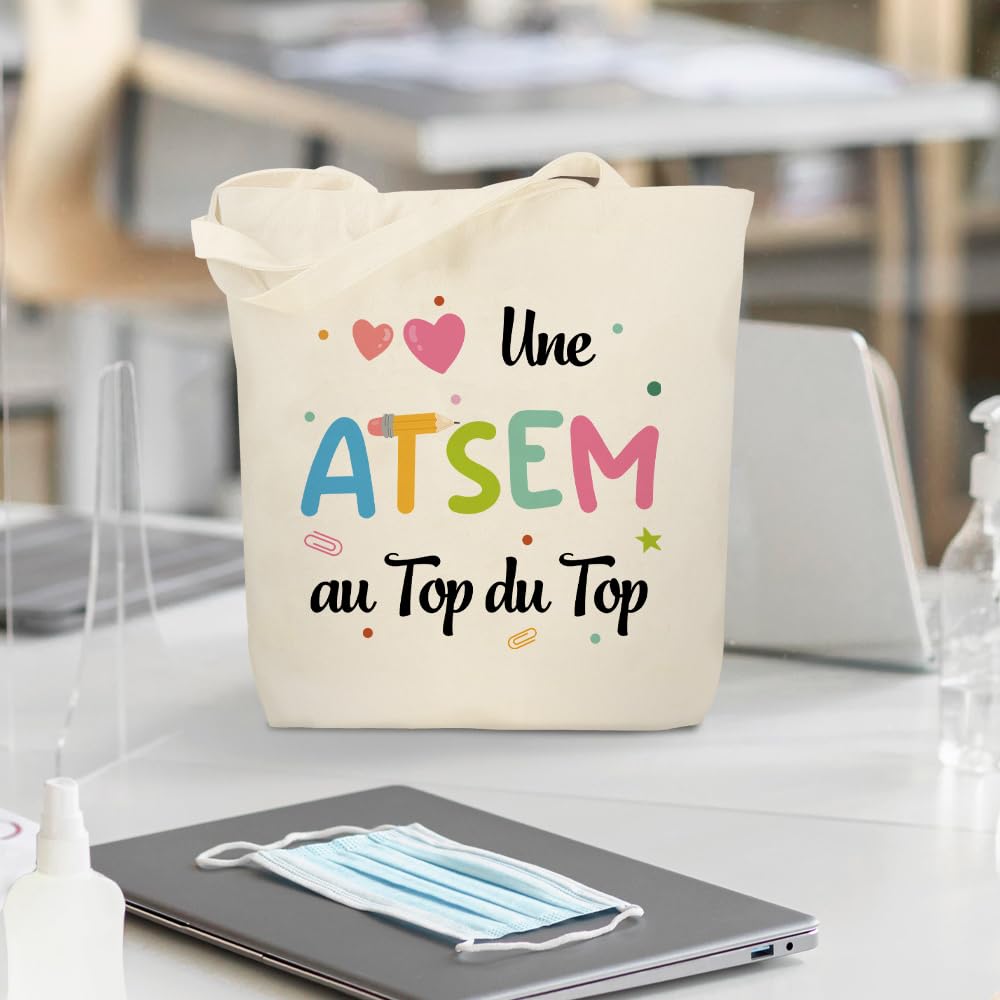 Cadeau Atsem Tote Bag Cadeau Maitress D'école Cadeaux Maitre Nounou Professeur Prof Maîtresse D'école Fin D'année Anniversaire Remerciement Noël Merci Atsem Cadeaux Sac Une Atsem Au Top Du Top