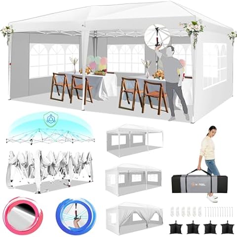 HOTEEL 10x20 Pop Up Canopy Tents for Parties, Outdoor Tent with 6 Sidewalls & 8 Wind-Resistant Rods & Carry Bag, Easy Setup for Wedding, Patio Events, Commercial, Waterproof and UV50+ Protection,White Cover