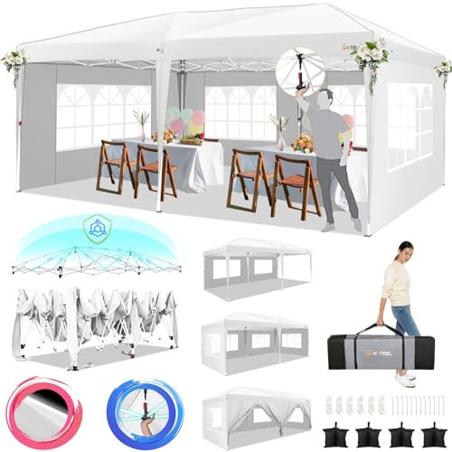 Image of HOTEEL 10x20 Pop Up Canopy Tents for Parties, Outdoor Tent with 6 Sidewalls & 8 Wind-Resistant Rods & Carry Bag, Easy Setup for Wedding, Patio Events, Commercial, Waterproof and UV50+ Protection,White