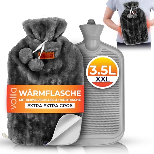 3.5L Wärmflasche mit Reißverschluss und Handtasche - Graue Wärmflasche XXL mit Kunstfellüberzug für Schmerzlinderung - Waschbare Wärmeflasche...