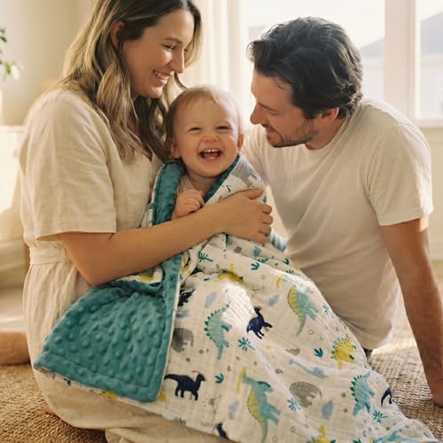 Image of GLLQUEN BABY Blankets for Boys, Soft Muslin Cotton Front Dotted Fleece Backing, Nursery Minky Crib Blanket for Infant Toddler, 30 x 40 inches Throw Blanket, Dinosaur
