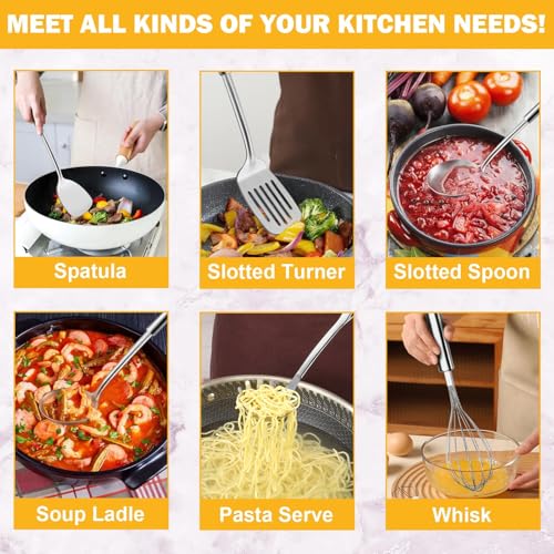 Ustensiles de Cuisine, Gymdin 6 Pièces Ustensiles de Cuisine inox avec manche suspendu, spatule, tourneuse, louche à soupe, cuillère à fente, fouet, serveur de pâtes, lavable au lave-vaisselle – Image 4