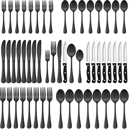 Lista de Cubertería los más recomendados. 49 IMLUCKY - Juego de cubiertos negros de 48 piezas - Utensilios de cubiertos de acero inoxidable con cuchillo para carne - Cubiertos de plata pulidos con espejo con cuchara/tenedor...