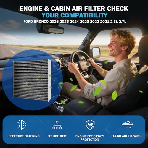 Image of 1Pcs Cabin Air Filter & 1Pcs Engine Air Filter Accessories Compatible with Ford Bronco 2026 2025 2024 2023 2022 2021 2.3L 2.7L Engine Cabin Air Filter Automotive Replacement for CF12772&MB3G-9601AA
