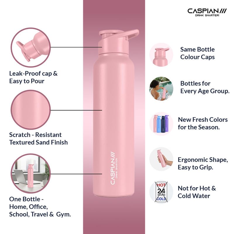 Image of CASPIAN / / / Hike Stainless Steel Customize Sipper Water Bottle Leak Proof Thunder for Fridge Home Office Travel School Kids Boys Girls Adults Sports Gym Yoga (R Pink 1 Litre, Set of 1)