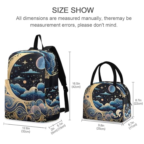 Backpack Lunch Bag Set Blue Cloud Moon Print, Big Storage Travel Backpacks with Insulated Lunch Box for Office Hiking Picnic2