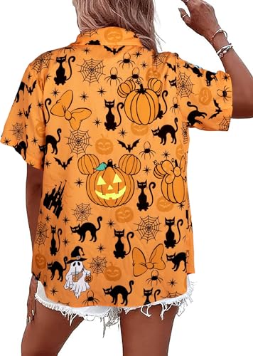 Womens Halloween Hawaiian Shirt Cute Pumpkin Spooky Castle Graphic Tee Magical Halloween Short Sleeve Button Up Tops4