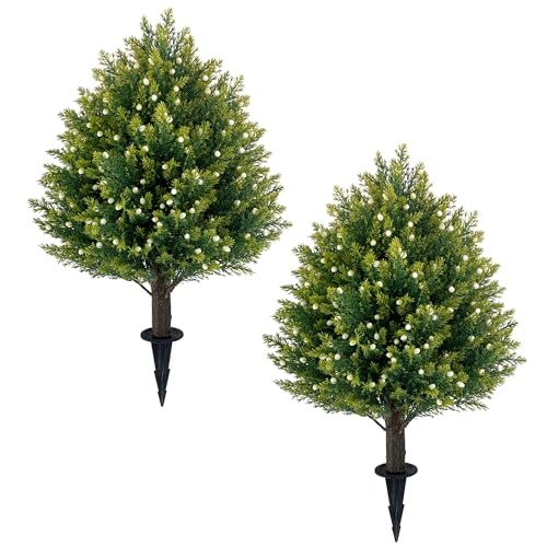 21'' Artificial White Berries Topiary Ball Trees with Ground Spike, UV Resistant Fake Plant Brush...